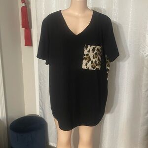 Blooming Jelly XXXL Black V-Neck T-Shirt with Leopard Print Pocket Tshirt top